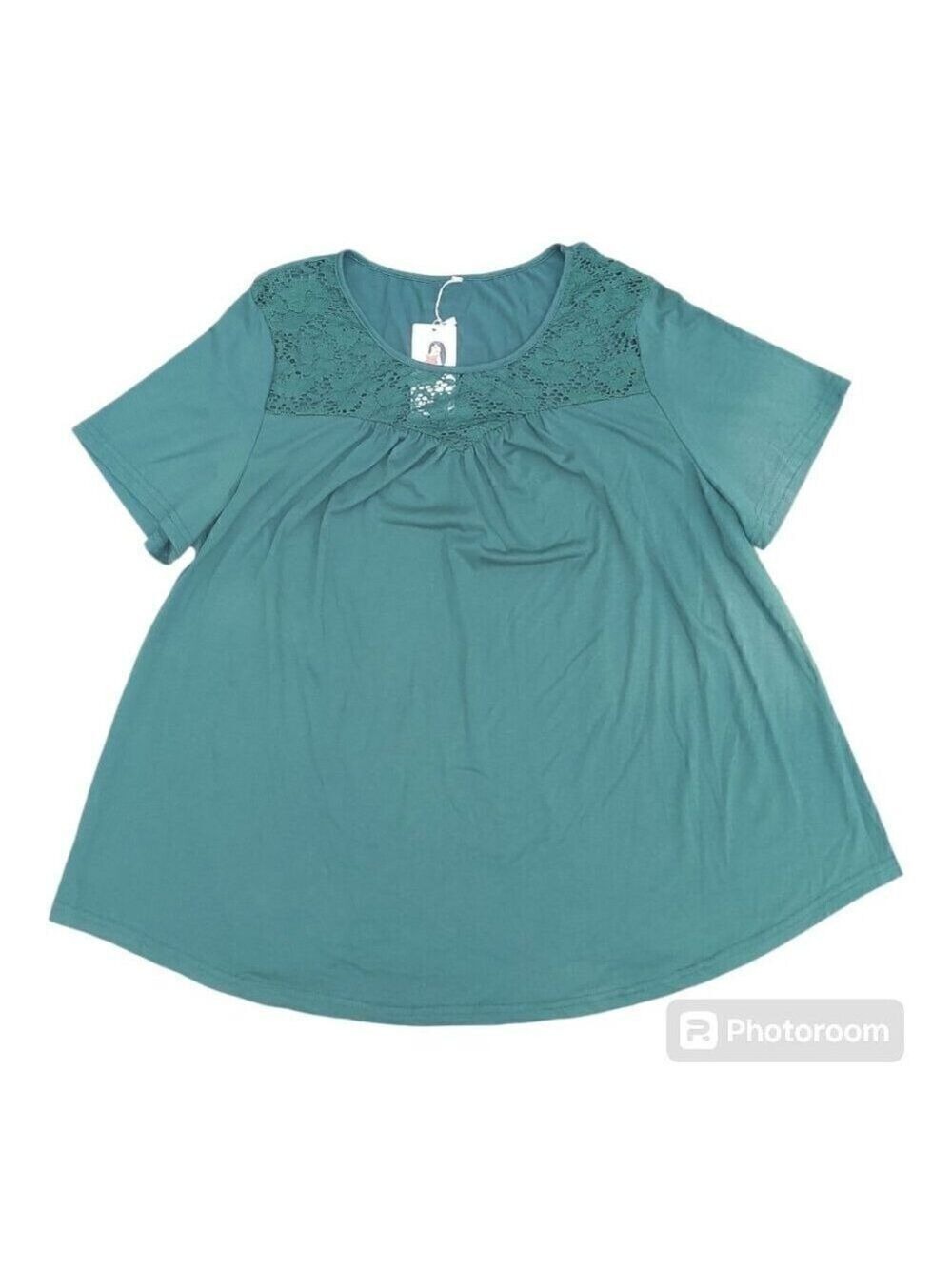 Vislily Green Short Sleeve Peasant Top with Lace Accent, Round Neckline Size 20W